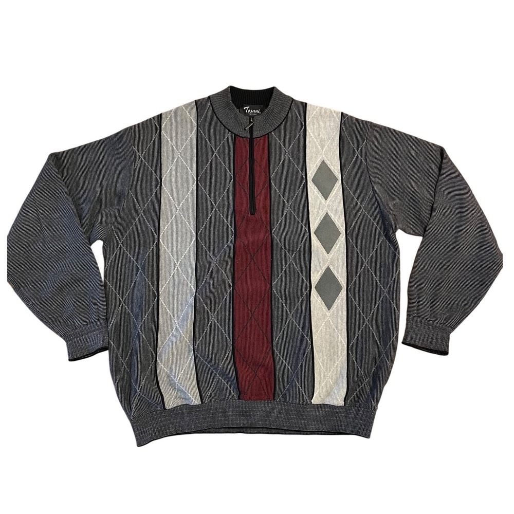 Tosani Canada‎ Men's Argyle Quarter Zip Long Sleeve Sweater Size L G